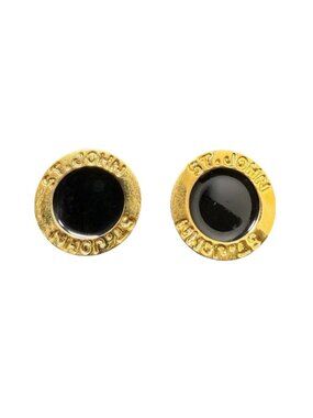Vintage St John Logo Clip On Earrings Round Gold Tone Black Enamel Signed